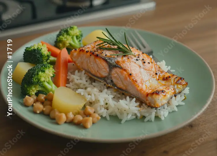Cooked Salmon Fillet with Vegetables on Wooden Table