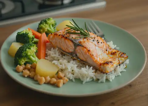 Cooked Salmon Fillet with Vegetables on Wooden Table