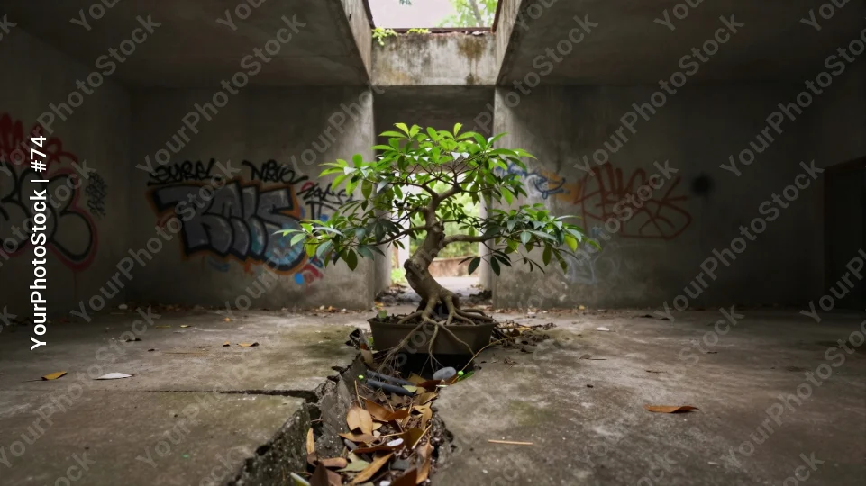 Abandoned Room with Bonsai Tree graffiti neglect
