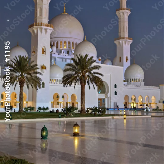 White Mosque in Park at Night domes minarets palm trees