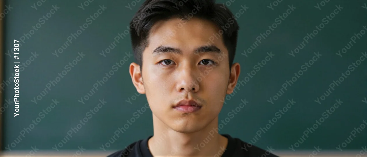 Serious Asian Man Standing Before Chalkboard portrait