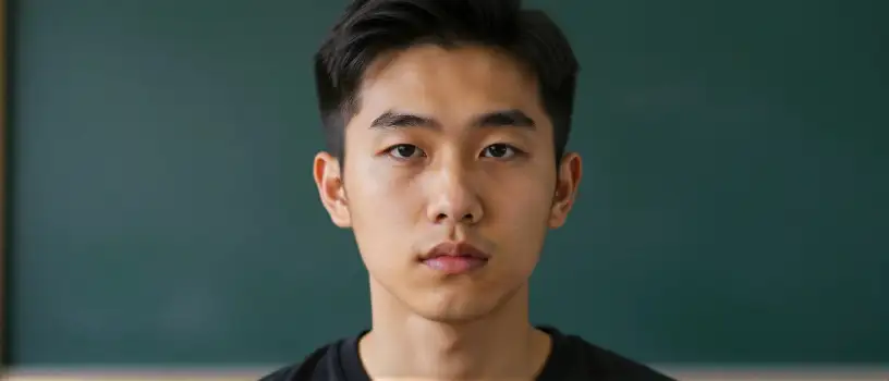 Serious Asian Man Standing Before Chalkboard portrait