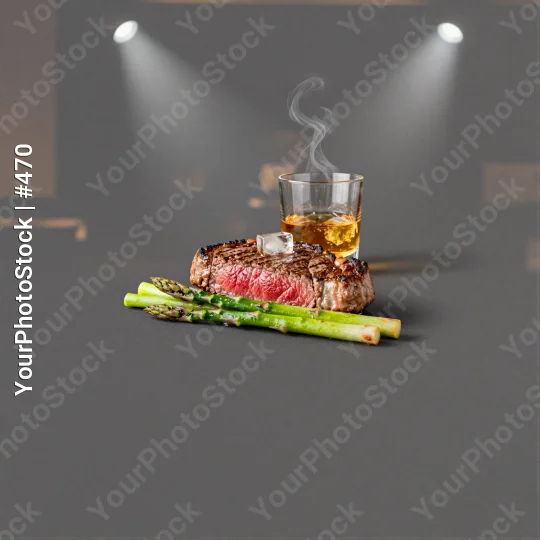 Steak and Whiskey on Black Table asparagus medium-rare