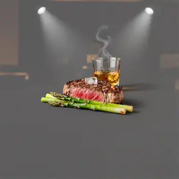 Steak and Whiskey on Black Table asparagus medium-rare