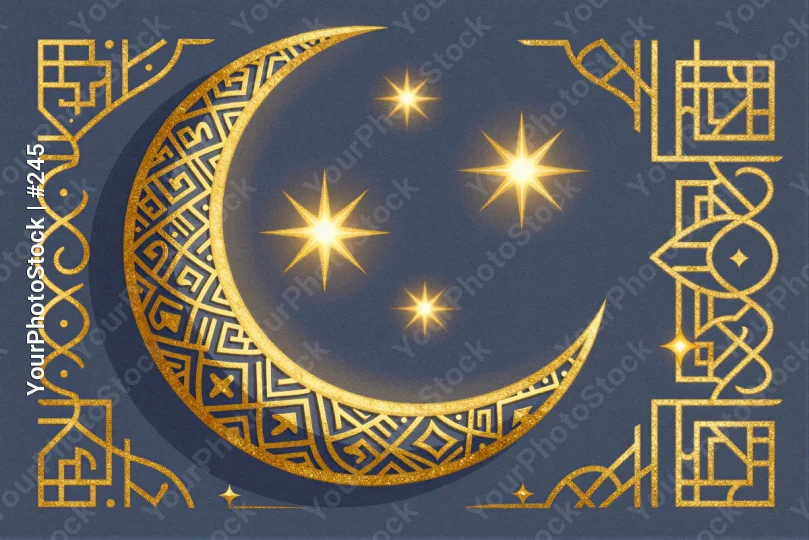 Crescent Moon with Golden Stars and Geometric Patterns