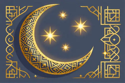 Crescent Moon with Golden Stars and Geometric Patterns