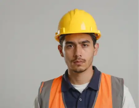Construction Worker in Yellow Hard Hat and Orange Vest