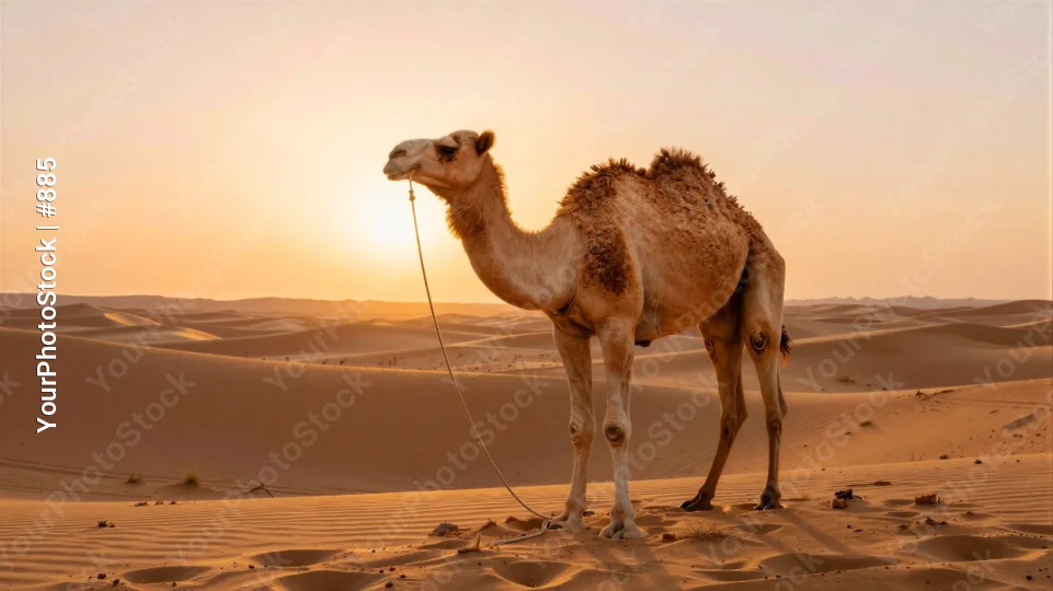 Camel in Desert at Sunset Holding Rope orange