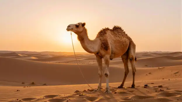 Camel in Desert at Sunset Holding Rope orange
