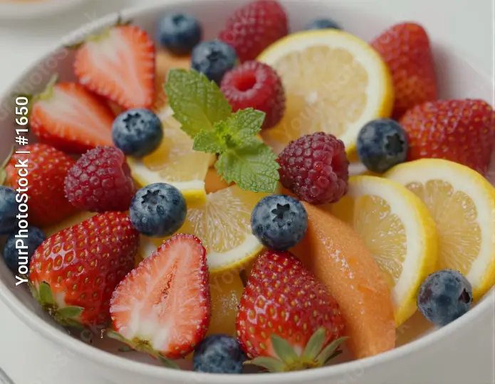 Fresh Fruit Salad Bowl on White Tablecloth fresh fruits
