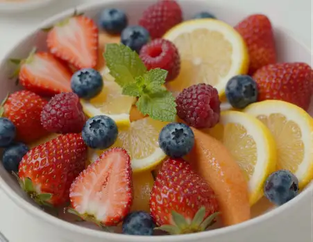 Fresh Fruit Salad Bowl on White Tablecloth fresh fruits