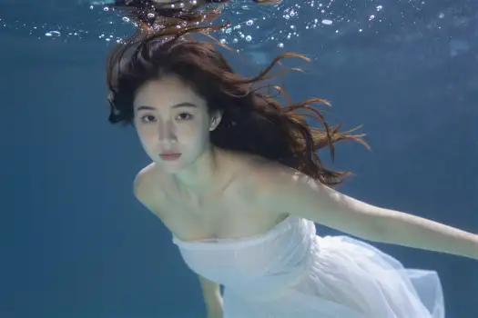 Young Woman Underwater in White Dress underwater portrait