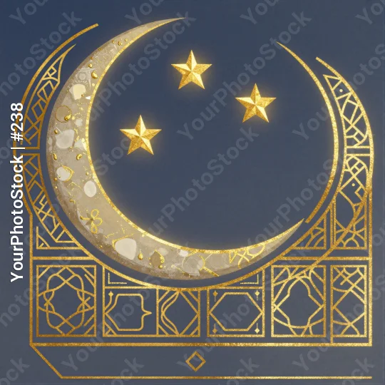 Crescent Moon with Golden Stars, Traditional Islamic Design