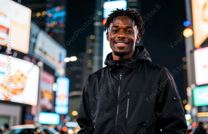 Young Man in City Street at Night with Neon Lights and Buildings