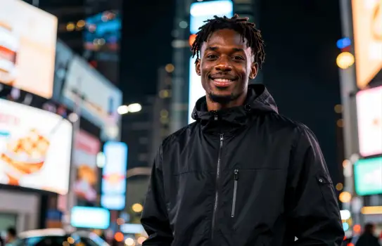 Young Man in City Street at Night with Neon Lights and Buildings