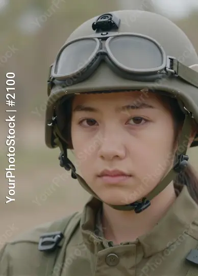 Young Woman in Green Military Uniform with Helmet and Goggles
