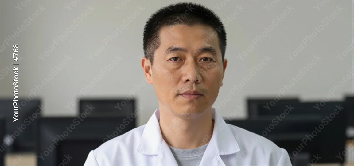 Middle-aged Asian man in lab wearing lab coat