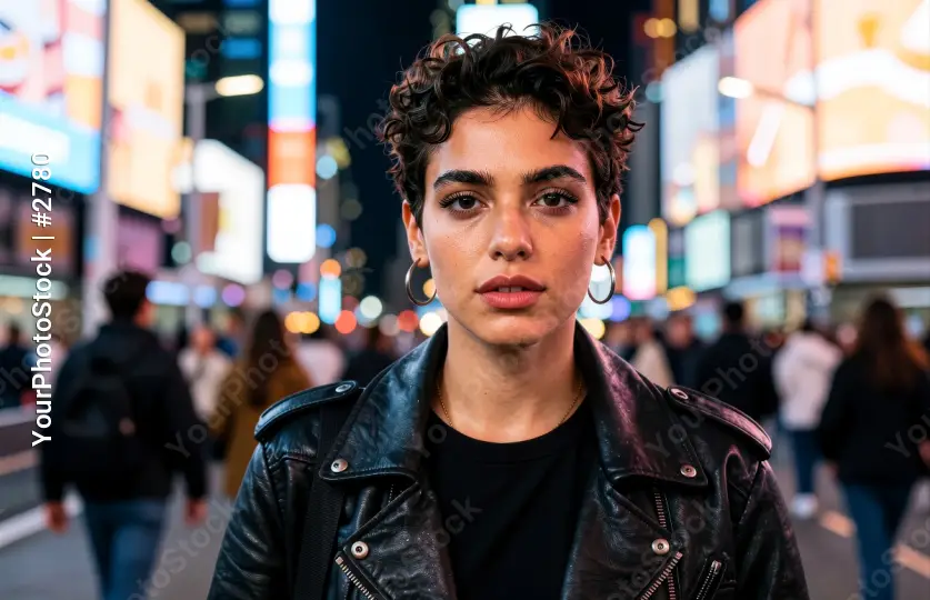 Young Man with Intense Gaze on City Street Background