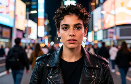 Young Man with Intense Gaze on City Street Background
