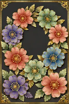 Vintage Gold Frame with Nine Colored Flowers circle
