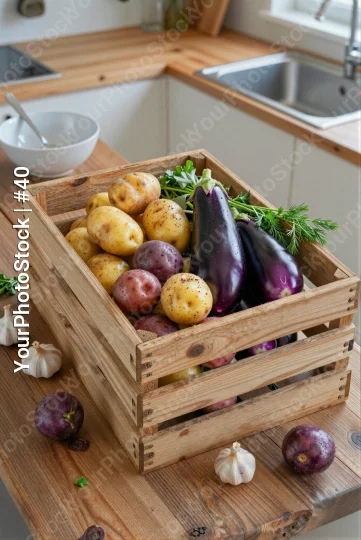 Fresh Vegetables in Wooden Crate on Kitchen Countertop