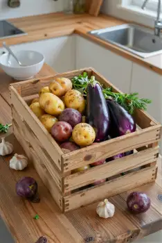 Fresh Vegetables in Wooden Crate on Kitchen Countertop