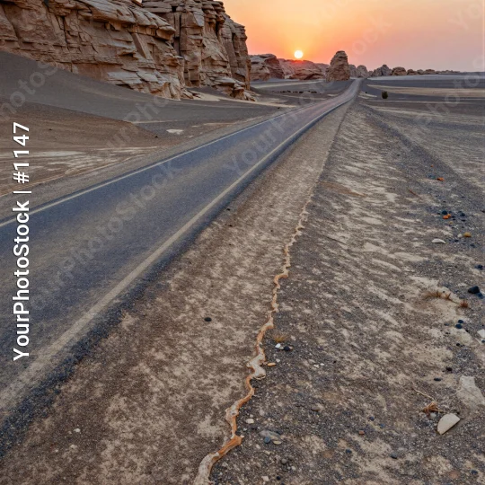 Desert Road at Sunset with Rocky Cliffs sunrise