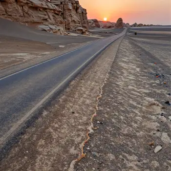 Desert Road at Sunset with Rocky Cliffs sunrise
