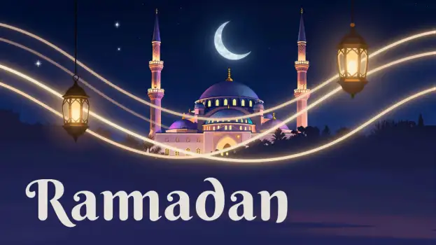 Ramadan Greeting Card, Mosques, Night Sky crescent moon