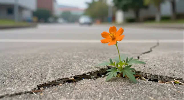 Crack in Concrete Pavement Blooming Small Orange Flower