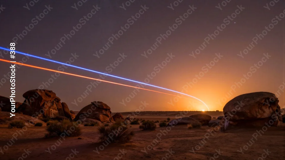 Desert Landscape at Sunset with Rocket Light Trails