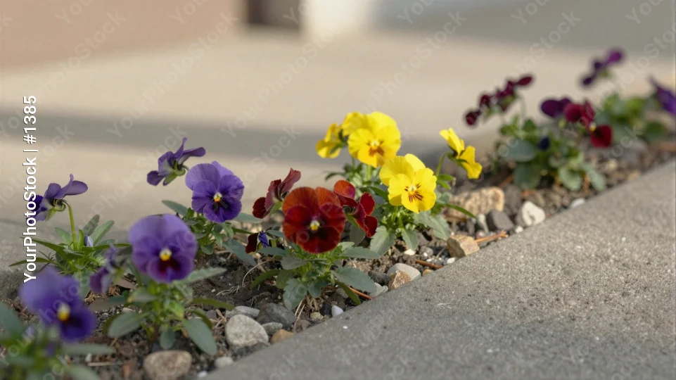 Colorful Flower Bed with Pansies on Concrete colorful flowers