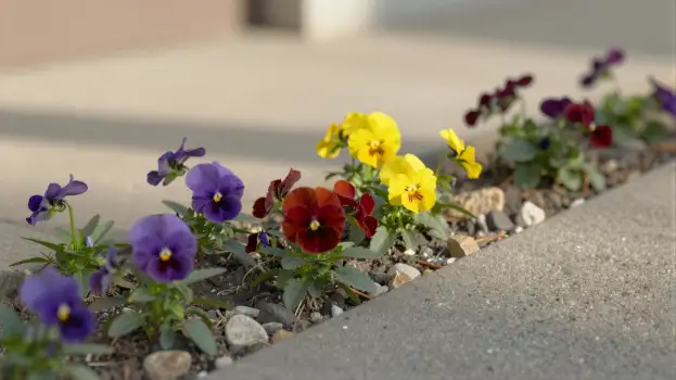 Colorful Flower Bed with Pansies on Concrete colorful flowers