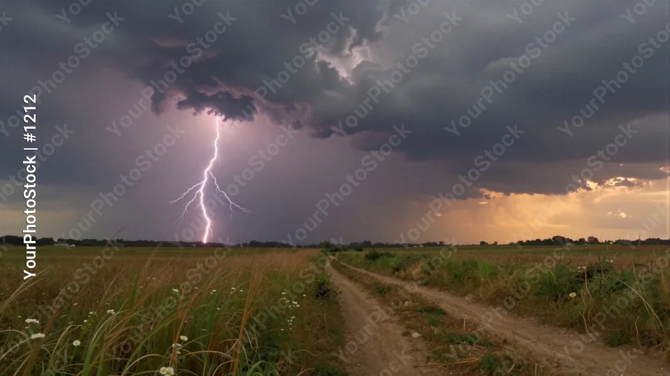 Dramatic Lightning Strike on Dirt Road at Sunset