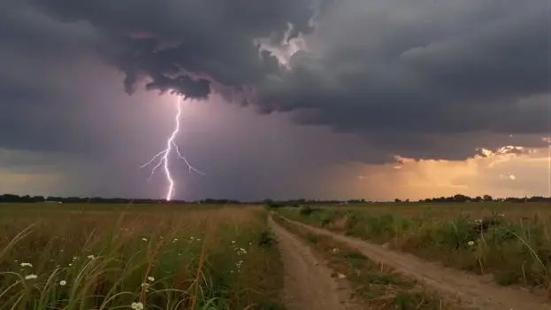 Dramatic Lightning Strike on Dirt Road at Sunset