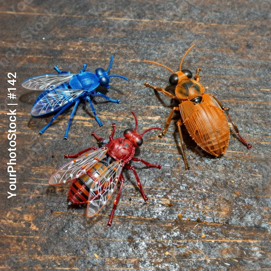 Three Insects on Wood: Fly, Beetle, Wasp wooden surface