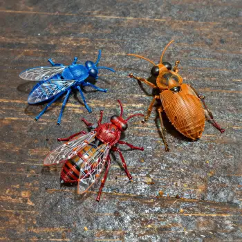 Three Insects on Wood: Fly, Beetle, Wasp wooden surface
