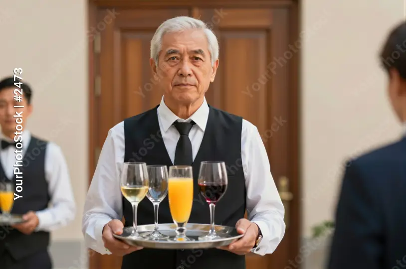 Elderly Asian Man Holding Wine and Juice Trays worker
