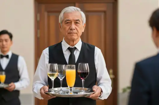 Elderly Asian Man Holding Wine and Juice Trays worker