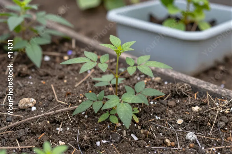 Healthy Plant Growing in Garden Bed soil rocks