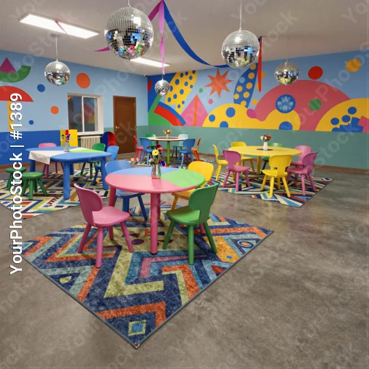 Colorful Children's Playroom with Murals and Disco Balls