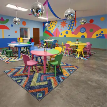 Colorful Children's Playroom with Murals and Disco Balls