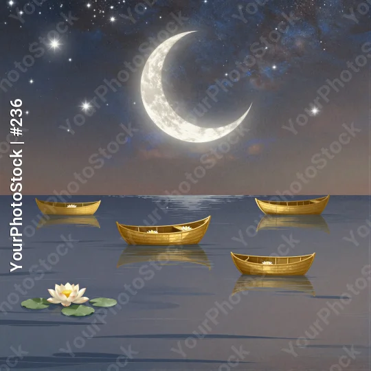 Crescent Moon and Wooden Boats Over Calm Water at Night