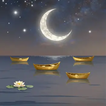 Crescent Moon and Wooden Boats Over Calm Water at Night