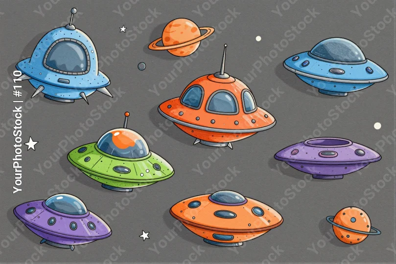 6 Cartoon Flying Saucers in Space illustration