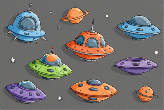 6 Cartoon Flying Saucers in Space illustration