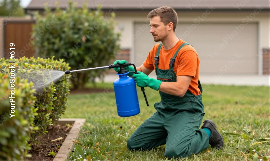 Man Spraying Hedge, Green Overalls, Grass, House