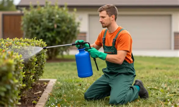 Man Spraying Hedge, Green Overalls, Grass, House