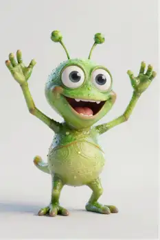 3D Cartoon Green Alien Smiling with Raised Hands