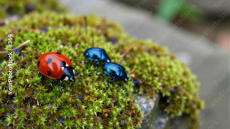 Two Ladybugs Interacting on Moss interaction natural setting